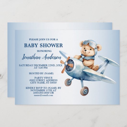 Invitation Baby shower mignon Happy Blue Oear Pilote belle (Devant / Derrière)