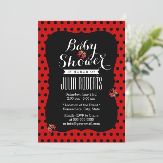 Invitation Baby shower mignon Ladybugs Points noirs et rouges (Debout devant)