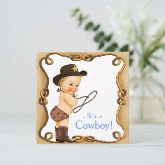 Invitation Baby shower mignon Little Cowboy (Debout devant)