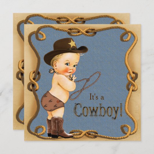 Invitation Baby shower mignon Little Cowboy (Devant / Derrière)