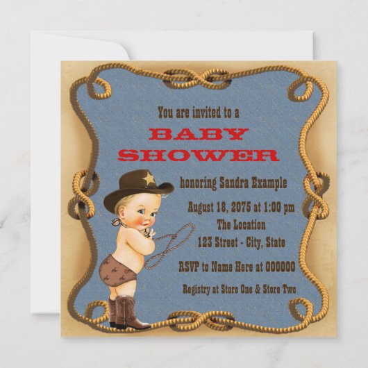 Invitation Baby shower mignon Little Cowboy (Dos)