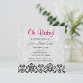 Invitation Baby shower mignon noir blanc rose du coeur Damas (Debout devant)