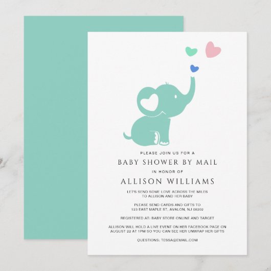 Invitation Baby shower mignon Par Mail Mint Green Elephant He (Devant / Derrière)