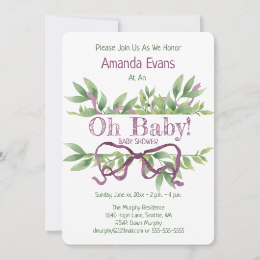 Invitation Baby shower mignon violet (Devant)