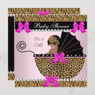 Invitation Baby shower mignonne bébé fille léopard rose chaud