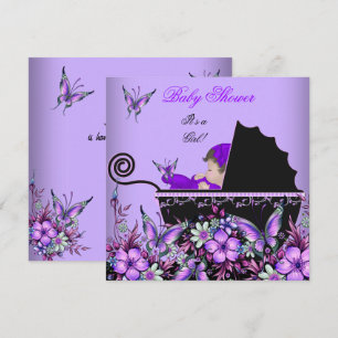 Invitation Baby Shower Mignonne Bébé Fille Papillon Violet 2