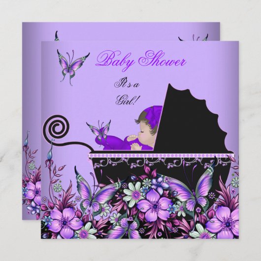 Invitation Baby shower mignonne Bébé Fille pourpre Papillon 2 (Devant / Derrière)