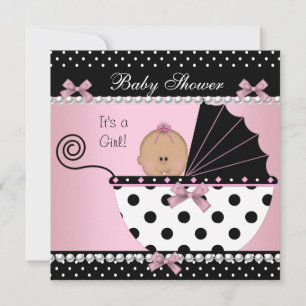 Invitation Baby Shower Mignonne Bébé Fille Rose Noir Nœud