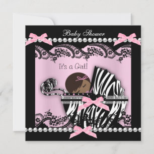 Invitation Baby Shower Mignonne Bébé Fille Rose Zèbre Dentell