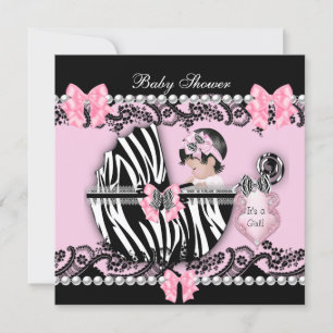 Invitation Baby Shower Mignonne Bébé Fille Rose Zèbre Dentell