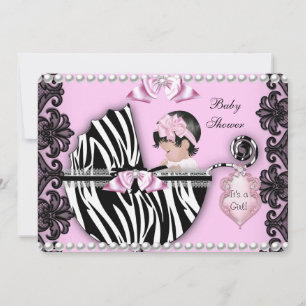 Invitation Baby Shower Mignonne Bébé Fille Rose Zèbre Pram 2
