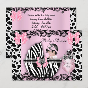 Invitation Baby Shower Mignonne Bébé Fille Rose Zèbre Vache D