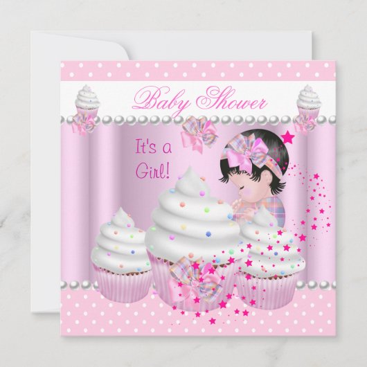 Invitation Baby shower mignonne fille Cupcake rose saupoudrer (Devant)