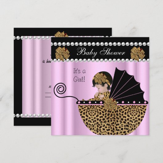 Invitation Baby Shower Mignonne Fille Rose Arc Léopard (Devant / Derrière)