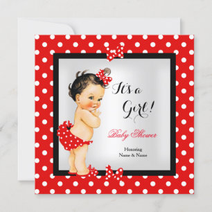 Invitation Baby shower mignonne Fille Rouge Noir Brunette