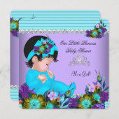 Invitation Baby shower mignonne fille Turquoise bleu pourpre (Devant / Derrière)