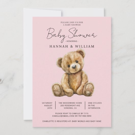 Invitation Baby shower mignonne Teddy Bear rose bébé fille (Devant)