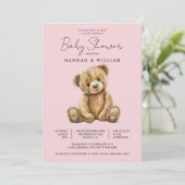 Invitation Baby shower mignonne Teddy Bear rose bébé fille (Debout devant)