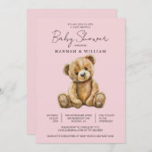 Invitation Baby shower mignonne Teddy Bear rose bébé fille (Devant / Derrière)