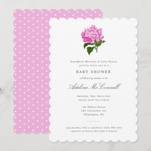 Invitation Baby shower millénaire rose Hydrangea (Devant / Derrière)