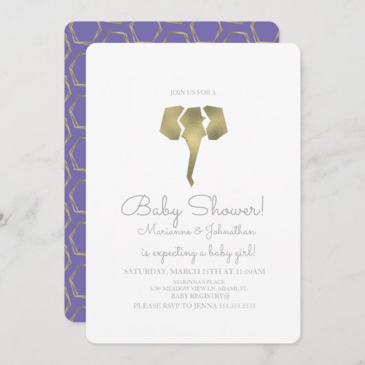 Invitation Baby shower minimal Foil Boho Elephant (Devant / Derrière)