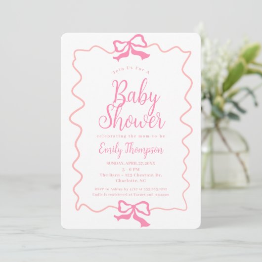 Invitation Baby shower minimal pour fille Doodle Rose Coquett (Debout devant)