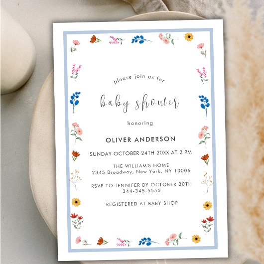 Invitation Baby shower minimal pour petits Fleurs sauvages