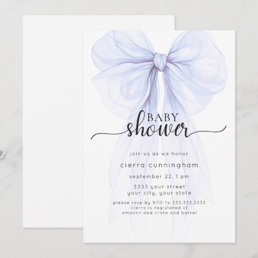 Invitation Baby shower minimale Elégant Blue Bow (Devant / Derrière)