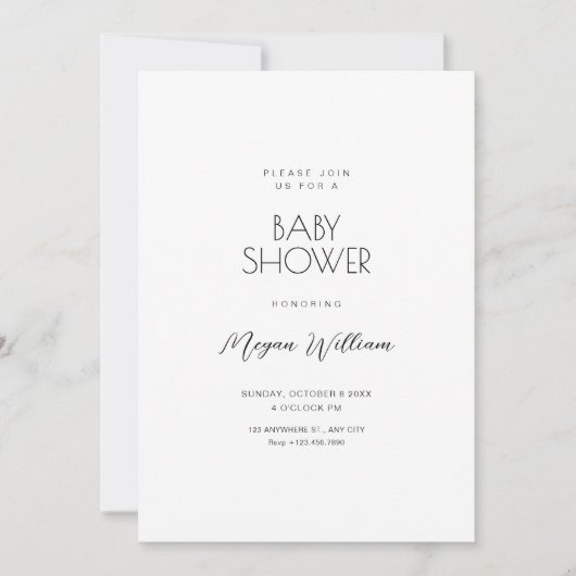 Invitation Baby shower minimaliste blanc simple (Devant)