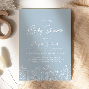 Invitation Baby Shower Minimaliste Boho Fleurs Sauvages Bleu