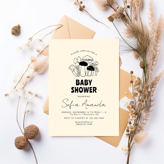Invitation Baby shower minimaliste de champignons