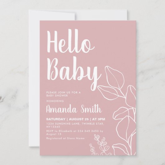 Invitation Baby shower minimaliste d'eucalyptus rose (Devant)