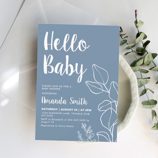 Invitation Baby shower minimaliste Dusty Blue Eucalyptus