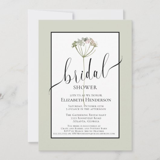 Invitation Baby Shower Minimaliste Écriture Vert Sauge Floral (Devant)