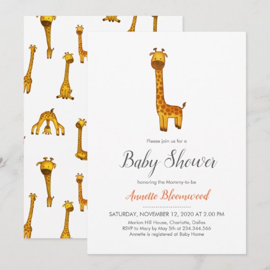 Invitation Baby shower minimaliste Giraffe Cute (Devant / Derrière)