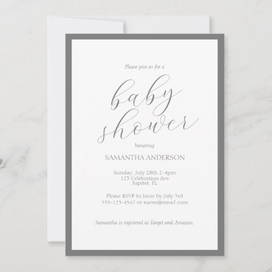 Invitation Baby shower minimaliste Gris Script (Devant)