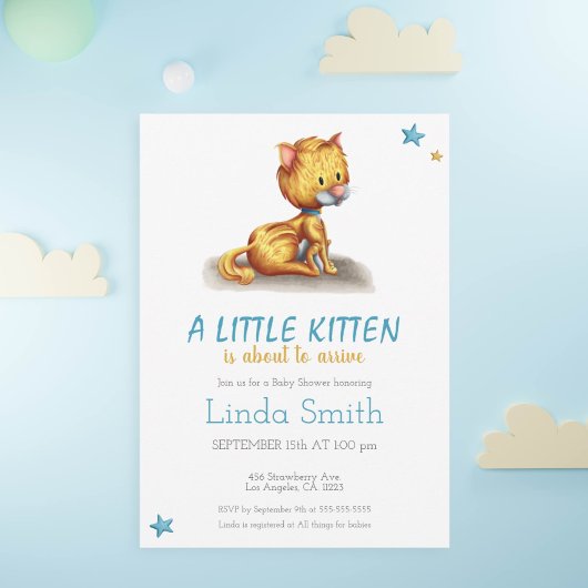Invitation Baby shower minimaliste Kitten Blue Boy