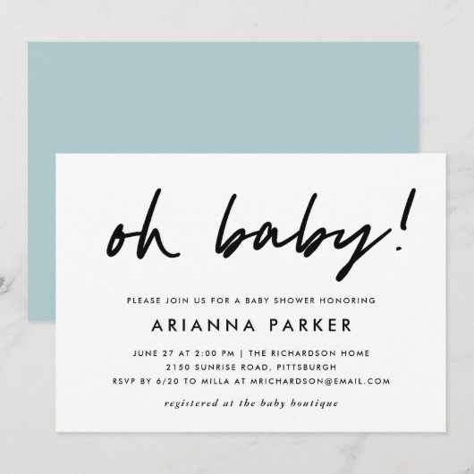 Invitation Baby shower minimaliste moderne | Bleu (Devant / Derrière)