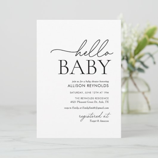 Invitation Baby shower minimaliste noir et blanc Hello (Debout devant)
