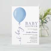 Invitation Baby shower minimaliste Oh Boy Blue Balloon (Debout devant)