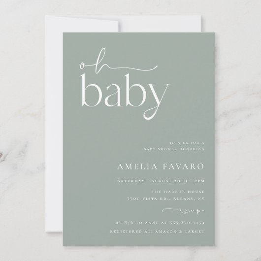 Invitation Baby shower minimaliste Vert Sage (Devant)