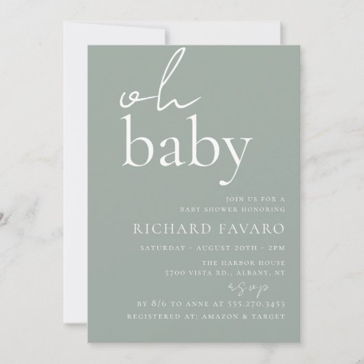 Invitation Baby shower minimaliste Vert Sage (Devant)