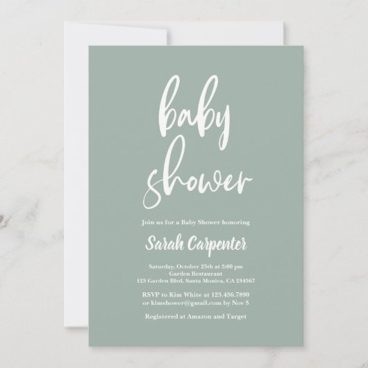 Invitation Baby shower minimaliste vert Sage (Devant)