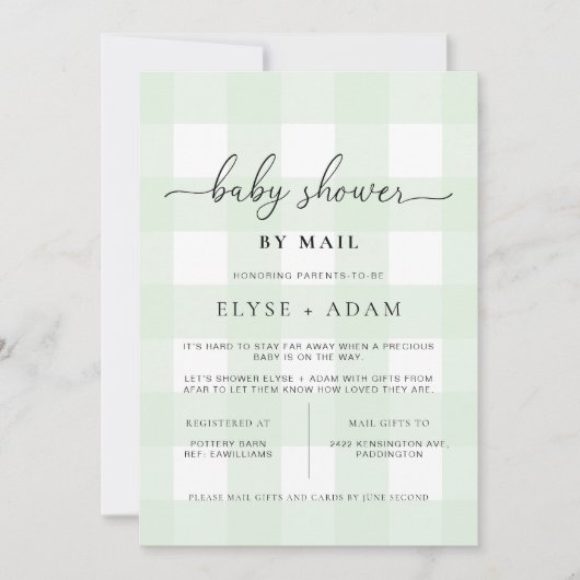 Invitation Baby shower Mint Green En vichy Par Courrier Invit (Devant)