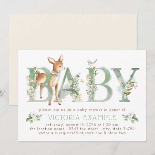 Invitation Baby Shower Mixte Thème Forêt et Cerf (Devant / Derrière)
