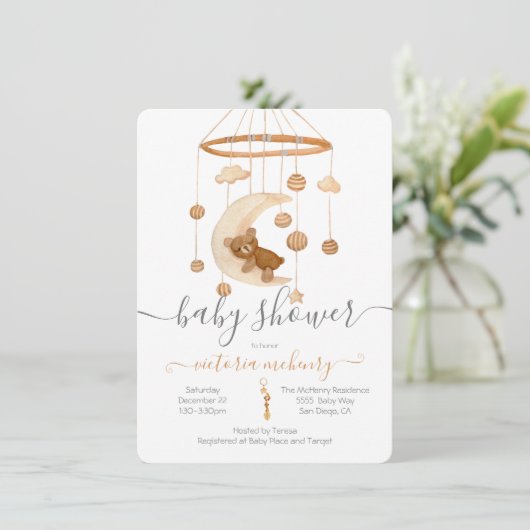 Invitation Baby shower mobile Boho Bear Moon (Debout devant)