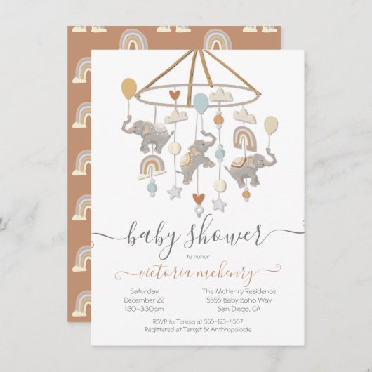 Invitation Baby shower mobile Boho Elephant Balloons (Devant / Derrière)