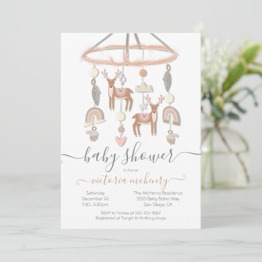 Invitation Baby shower mobile Boho Scandi Deer Forest (Debout devant)