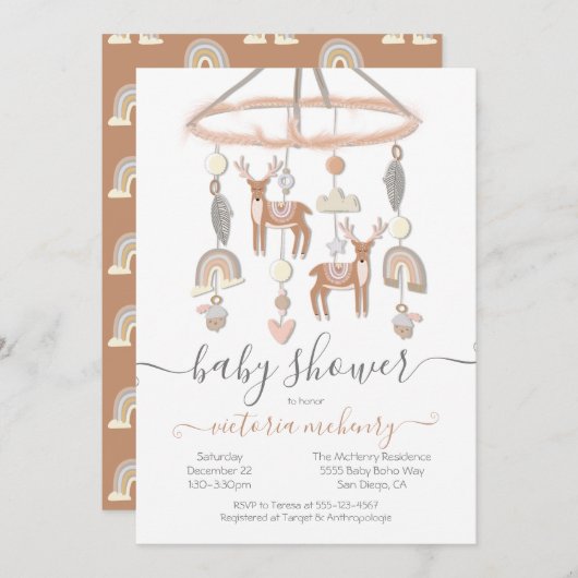 Invitation Baby shower mobile Boho Scandi Deer Forest (Devant / Derrière)