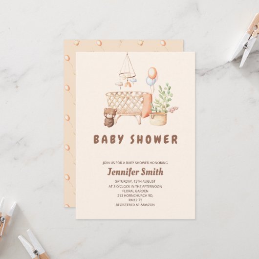 Invitation Baby shower mobile de la pépinière Boho (Devant/Arrière en situation)